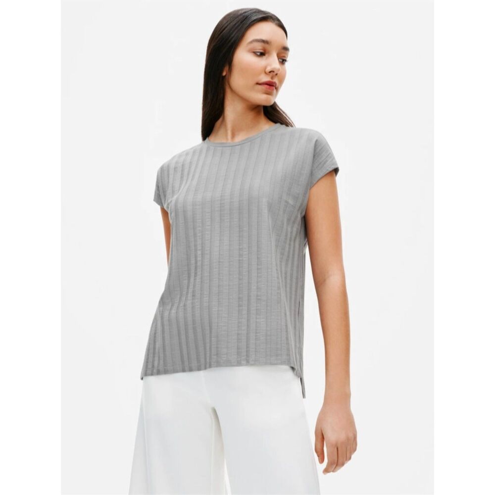 Eileen Fisher Gray Wide Rib Stretch Crew Neck Top Size Small